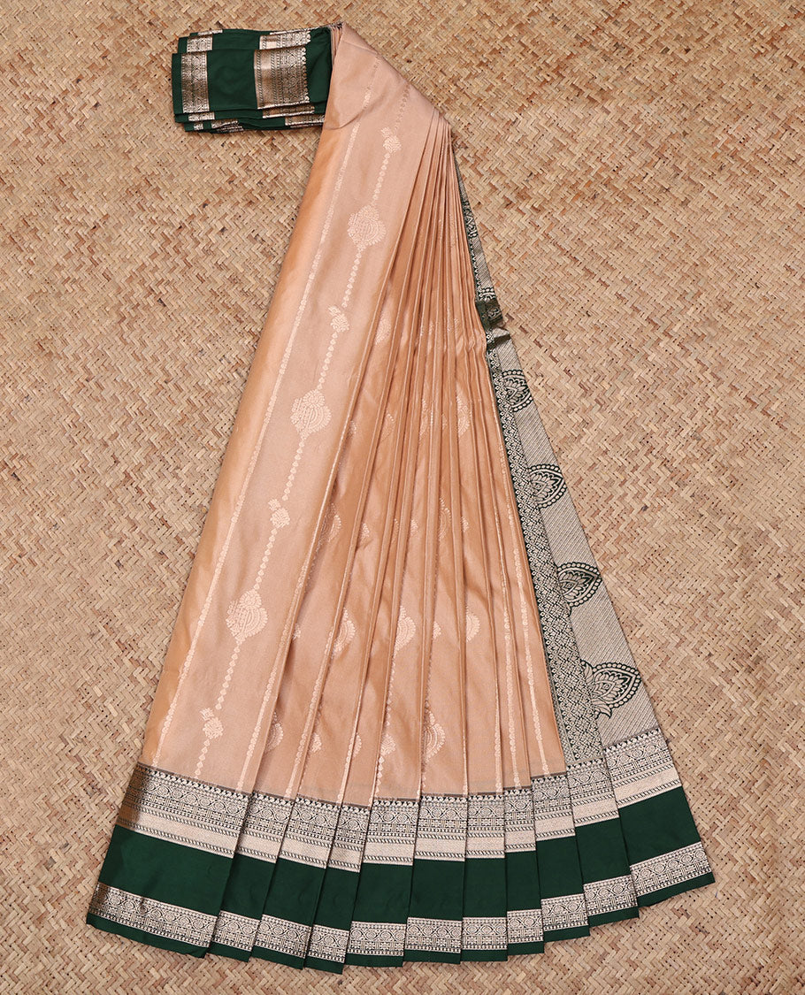 Sandal Budget Silk Saree, Sparsely Woven with Zari Designs All Over Its Body, Complemented by a Contrast Traditional Zari Design Rettai Pettu Border, Intricately Designed Pallu, and Paired with a Contrast Blouse