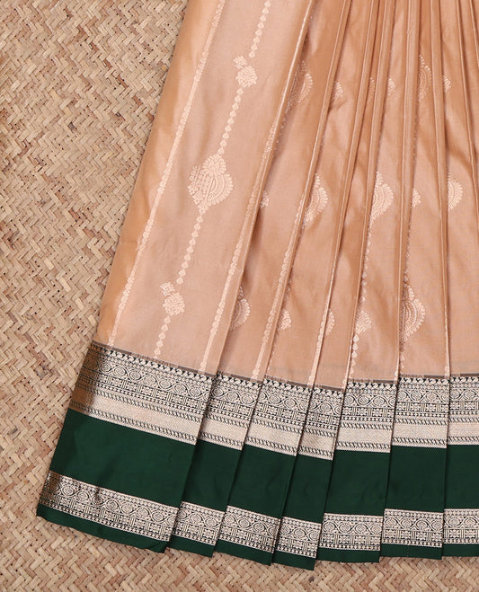 Sandal Budget Silk Saree, Sparsely Woven with Zari Designs All Over Its Body, Complemented by a Contrast Traditional Zari Design Rettai Pettu Border, Intricately Designed Pallu, and Paired with a Contrast Blouse