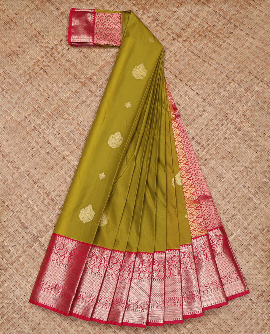 Green Budget Silk Saree, Elevated with Zari Buttas on Its Body, Complemented by a Contrast Traditional Zari Design Border, Grand Pallu, and Paired with a Contrast Blouse