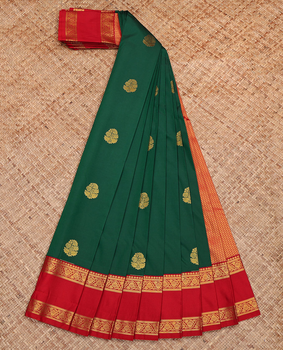 Green Budget Silk Saree, Detailed with Zari Buttas, Complemented by Contrast Floral Creeper Rettai Pettu Border, Grand Pallu and a Contrast Blouse