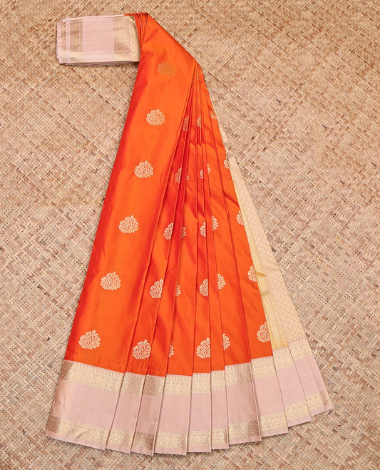 Orange Budget Silk Saree, Bedecked with Zari Buttas, Contrast Traditional Zari Rettai Pettu Border, Grand Jaal Pallu, and a Contrast Blouse