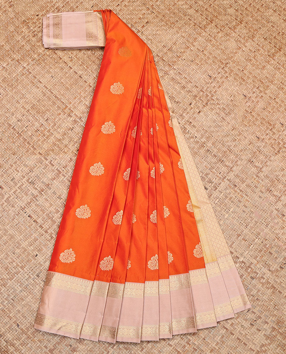 Orange Budget Silk Saree, Bedecked with Zari Buttas, Contrast Traditional Zari Rettai Pettu Border, Grand Jaal Pallu, and a Contrast Blouse