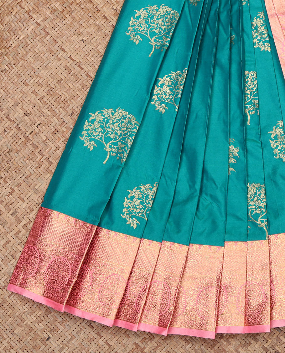 Rama Budget Silk Saree, Styled with Zari Buttas, Contrast Traditional Zari Border, Grand Pallu, and a Contrast Blouse