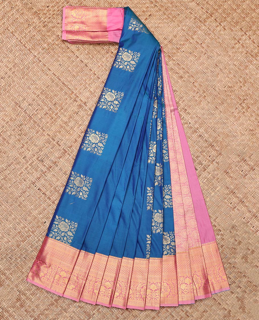 Blue Budget Silk Saree, Boldly Accentuated with Square Buttas, Complemented by Contrast Traditional Zari Border, Grand Pallu and a Contrast Blouse