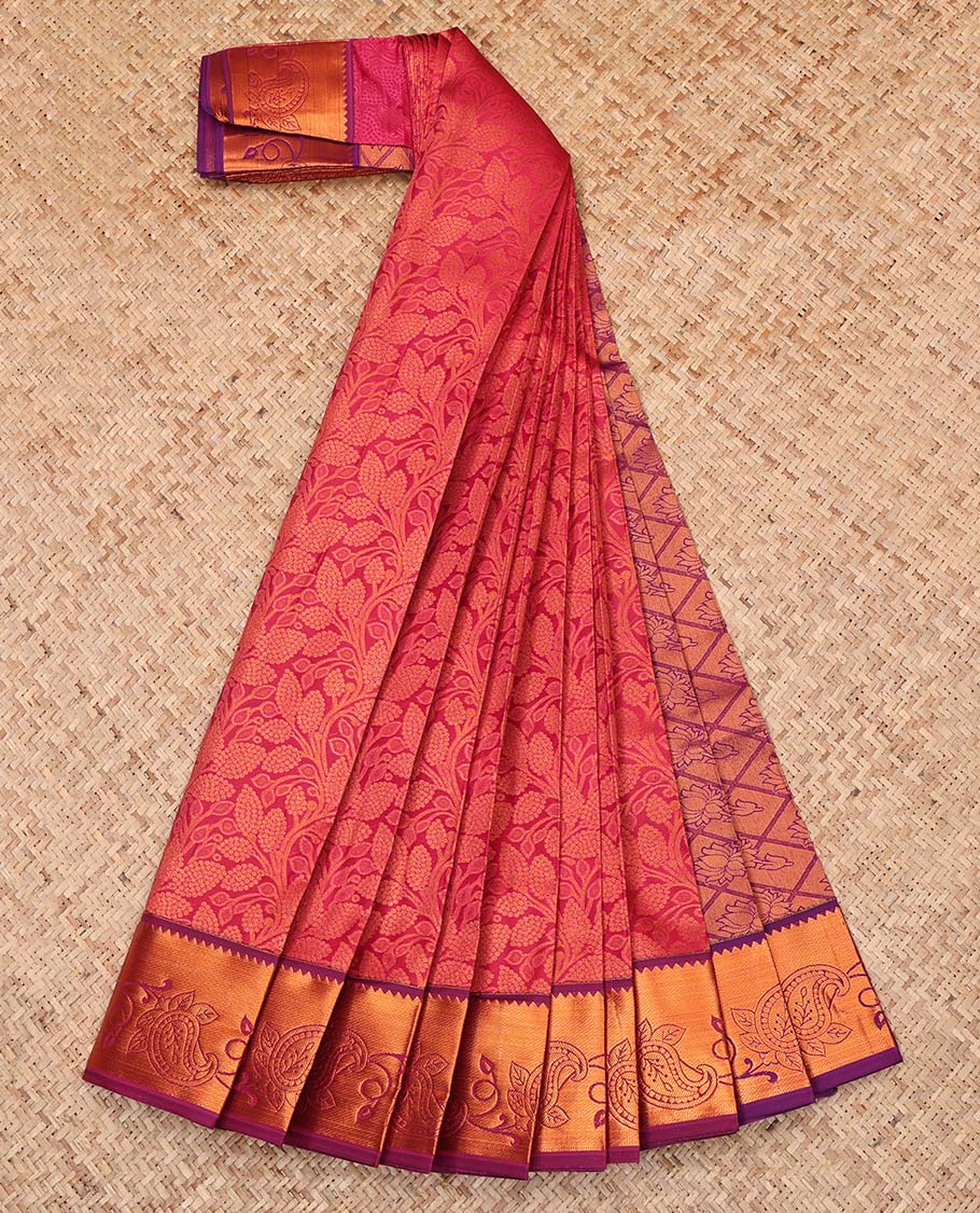Magenta Budget Silk Saree, Detailed with a Floral Vine Design, Complemented by a Contrast Floral Creeper Zari Border, Grand Jaal Pallu, and a Contrast Blouse