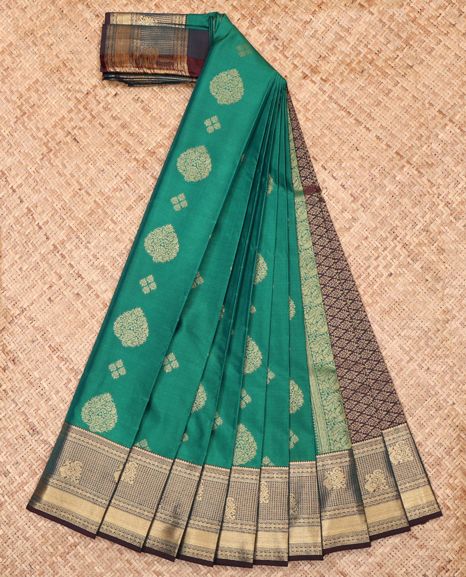 Green Budget Silk Saree, Enriched with Zari Buttas, Complemented by a Contrast Traditional Zari Border, Grand Pallu, and a Contrast Blouse