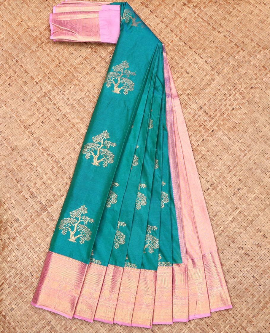 Rama Budget Silk Saree, Graced with Tree Zari Buttas, Complemented by a Contrast Traditional Border, Grand Pallu, and a Contrast Blouse