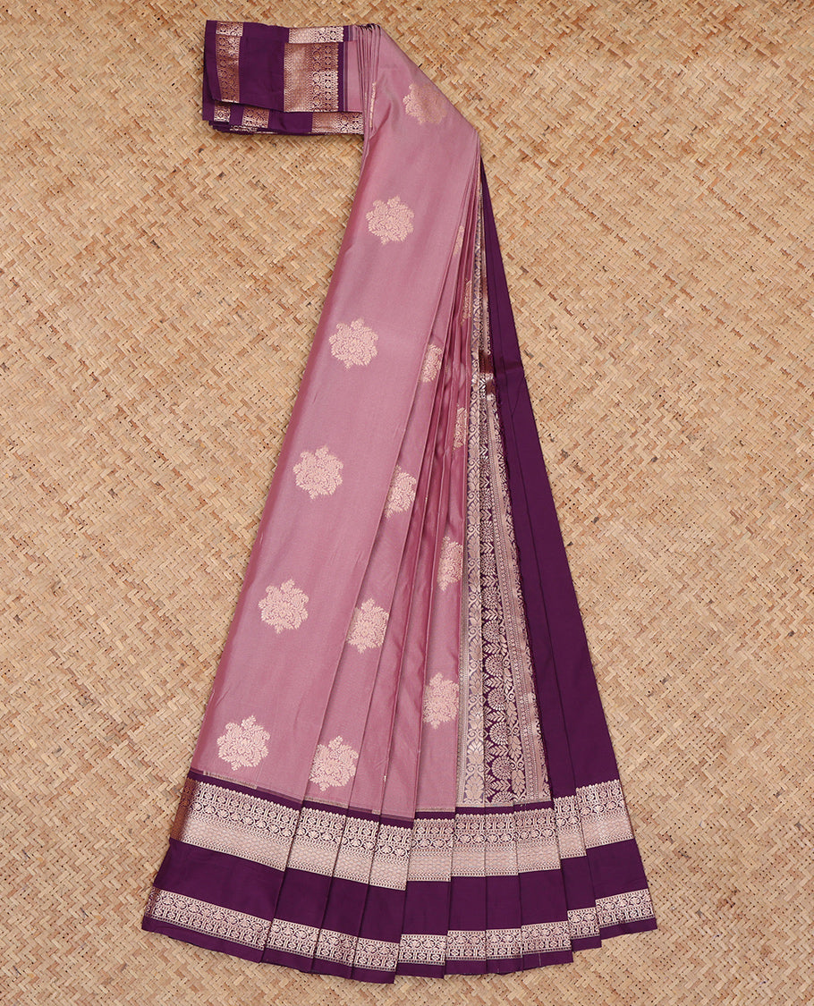 Pink Budget Silk Saree, Beautifully Bedecked with Zari Buttas, Complemented by a Contrast Traditional Zari Rettai Pettu Border, Grand Pallu, and a Contrast Blouse