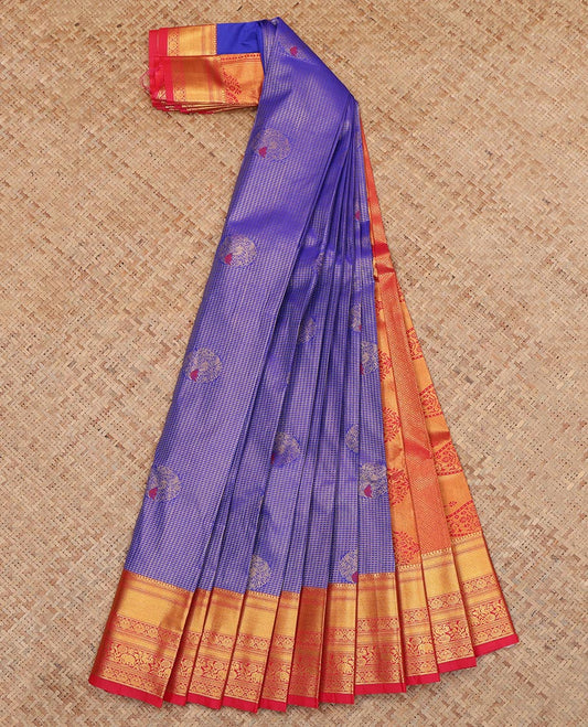Violet Budget Silk Saree, Spotlighted with Peacock Buttas and Checks, a Contrast Traditional Zari Border, an Intricate Pallu and a Contrast Blouse