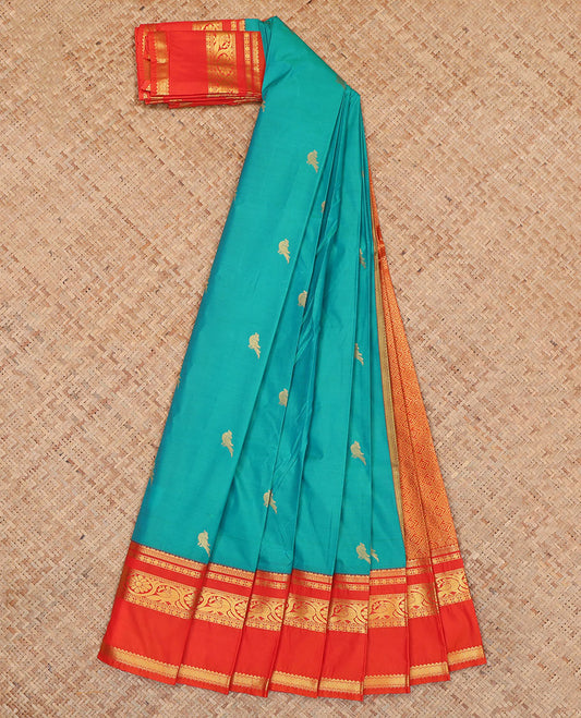 Blue Budget Silk Saree, Styled with Zari Buttas, Complemented by Contrast Traditional Rettai Pettu Border, a Jaal Pallu and a Contrast Blouse
