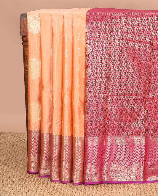 Peach striped, floral design gift saree with contrast zari design border & argyle design pallu