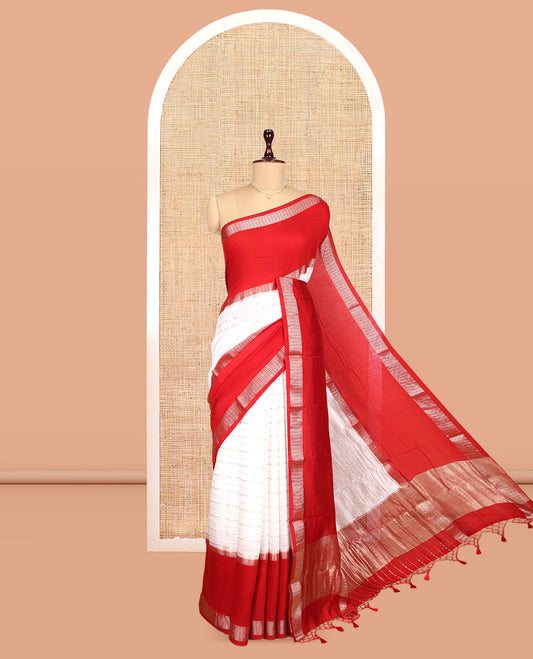 White Assam Silk Saree, Featuring Zari Stripes, Complemented by Contrast Big Zari Border,  Zari Woven Pallu, and Contrast Blouse