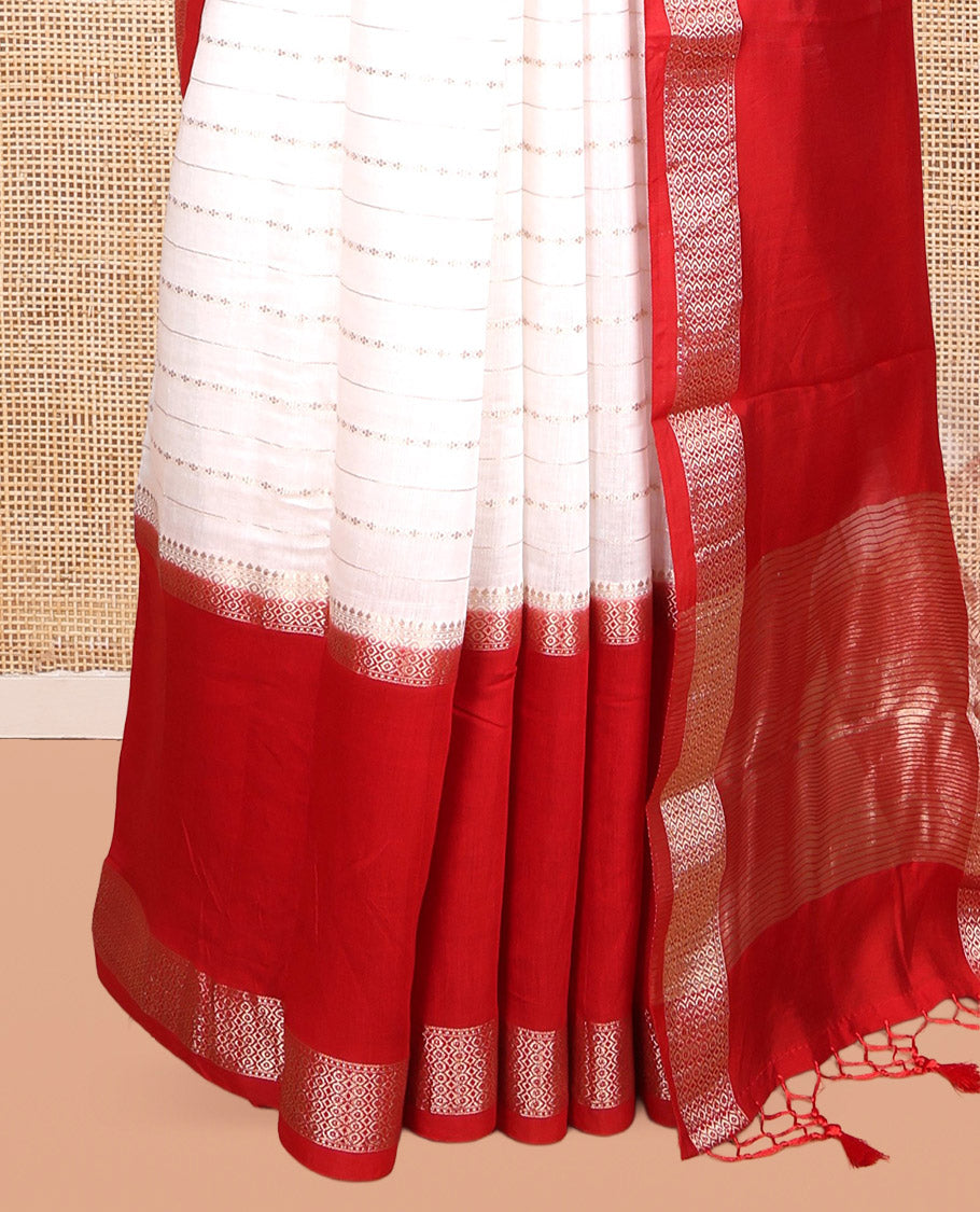 White Assam Silk Saree, Featuring Zari Stripes, Complemented by Contrast Big Zari Border,  Zari Woven Pallu, and Contrast Blouse