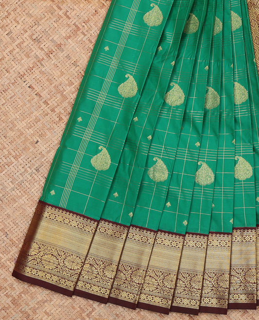 Green Budget Silk Saree, Elevated with Zari Buttas and Stripes, Complemented by a Contrast Traditional Zari Border, Grand Pallu, and Contrast Blouse