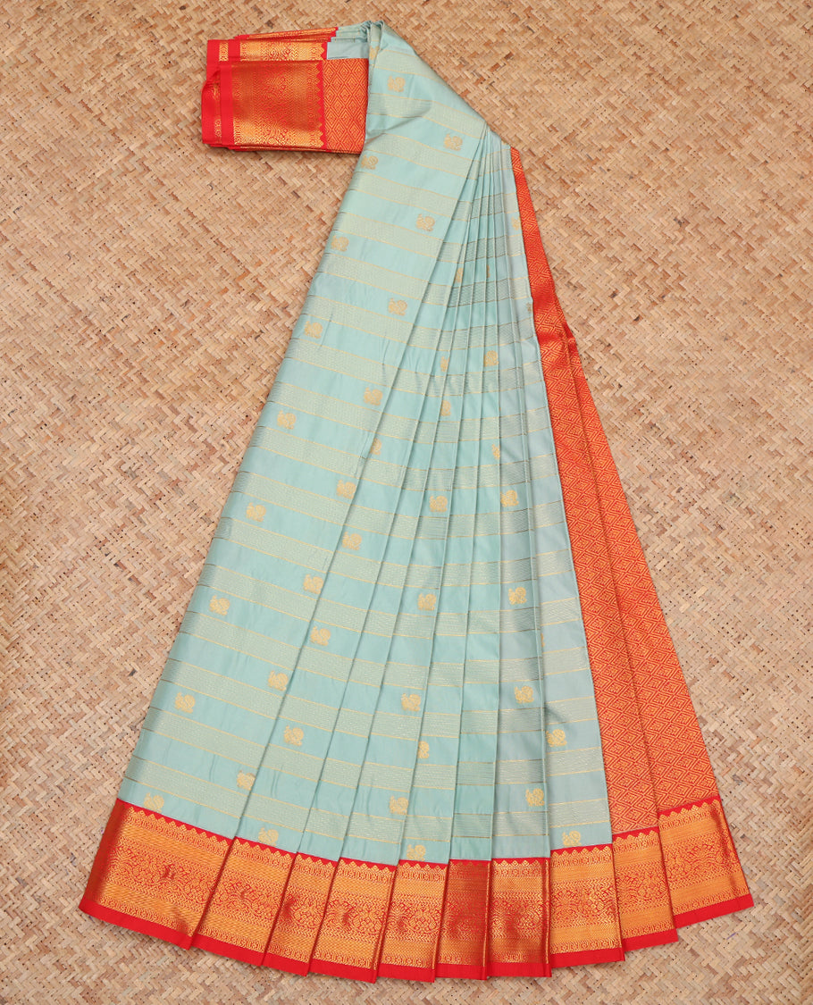 Blue Budget Silk Saree, Sparsely Woven with Zari Buttas and Stripes, a Contrast Traditional Zari Border, Grand Pallu, and a Contrast Blouse