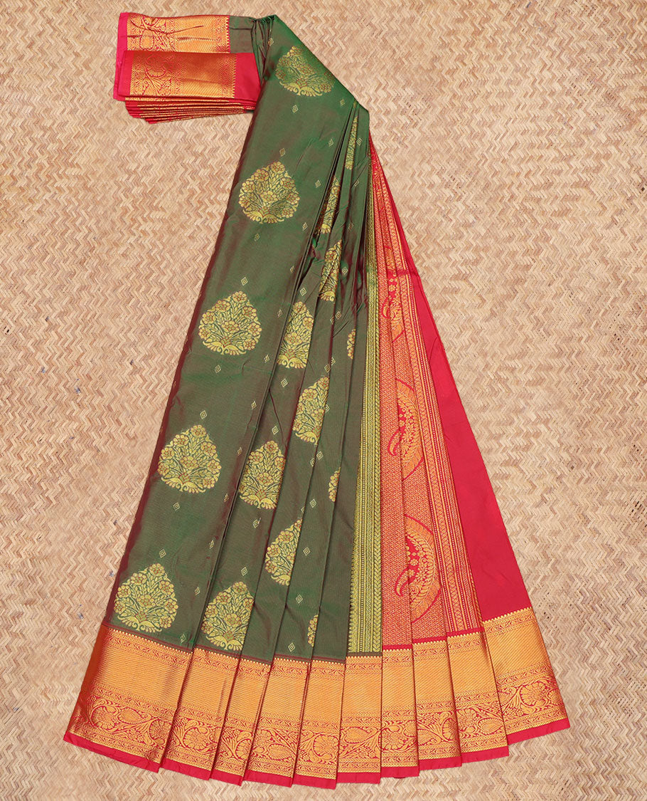 Green Budget Silk Saree, Highlighted by Zari Buttas, a Contrast Traditional Zari Border, Grand Jaal Pallu, and a Contrast Blouse