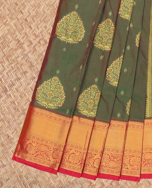 Green Budget Silk Saree, Highlighted by Zari Buttas, a Contrast Traditional Zari Border, Grand Jaal Pallu, and a Contrast Blouse