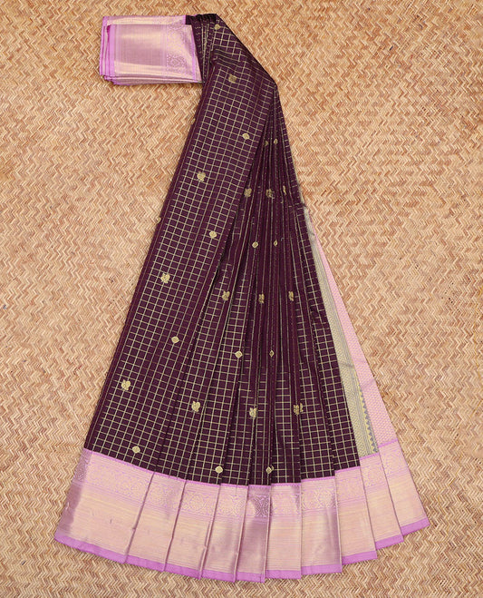 Purple Budget Silk Saree, Mesmerized with Zari Buttas and Checks, a Contrast Traditional Zari Rettai Pettu Border, Grand Pallu, and a Contrast Blouse