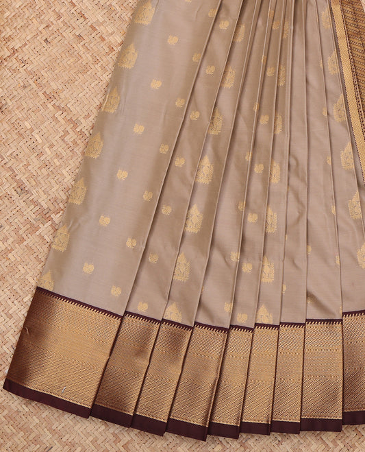 Pale Brown Budget Silk Saree, Subtly Sparkled with Zari Buttas, a Contrast Traditional Ganga-Jamuna Border, Intricate Pallu, and a Contrast Blouse