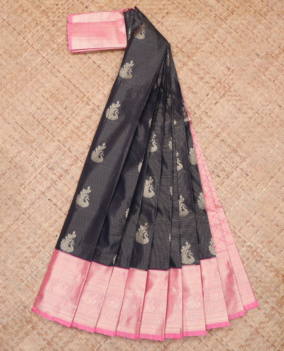 Blue Zari Butta and Stripes Budget Silk Saree