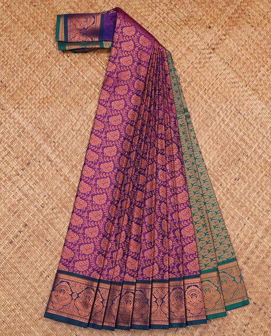 Purple leaf jacquard gift saree, contrast traditional zari design border, and intricate pallu