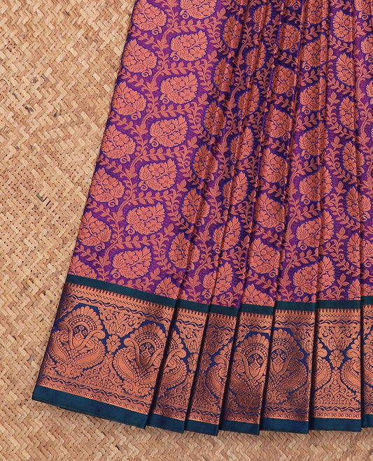 Purple leaf jacquard gift saree, contrast traditional zari design border, and intricate pallu