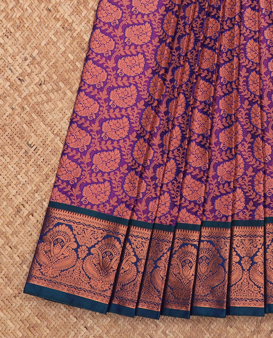Purple leaf jacquard gift saree, contrast traditional zari design border, and intricate pallu
