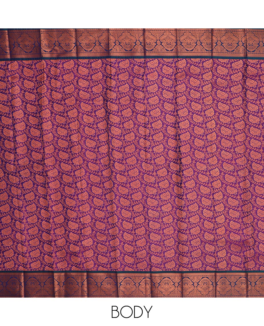 Purple leaf jacquard gift saree, contrast traditional zari design border, and intricate pallu