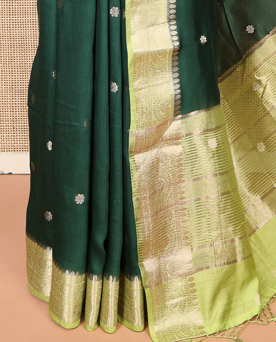 Green Assam Silk Saree, Bedecked with Zari Buttas, Complemented by a Contrast Zari Traditional Border, Zari-Striped Pallu, and a Contrast Blouse