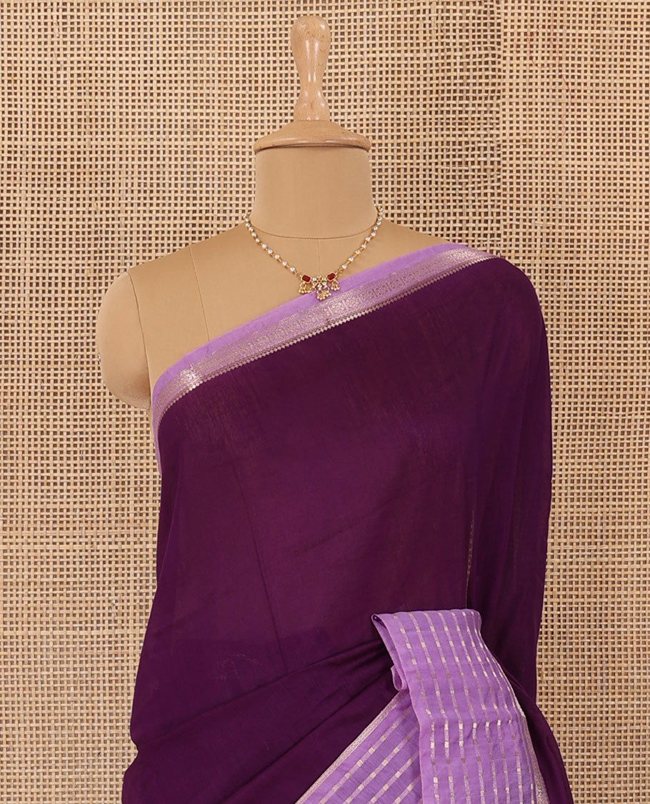 Eggplant purple plain Assam silk saree, contrast traditional design border, and pallu of stripes