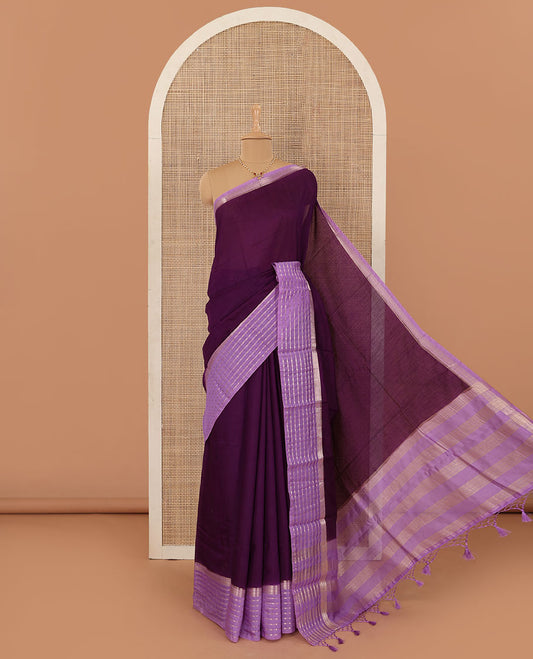 Eggplant purple plain Assam cotton saree, contrast traditional design border, and pallu of stripes