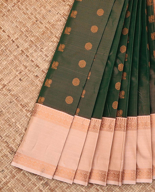 Green Budget Silk Saree, Featuring Peacock-Chakram Buttas and Stripes on Its Body, Complemented by a Contrast Traditional Zari Design Rettai Pettu Border, a Grand Pallu, and Paired with a Contrast Blouse