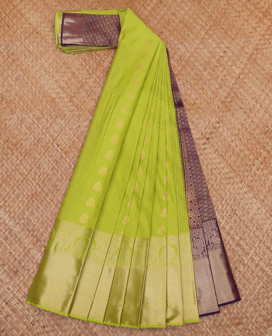 Green Budget Silk Saree, Subtly Steeped with Buttas All Over Its Body, Complemented by Contrast Grand Jaal Pallu, and Paired with a Contrast Blouse