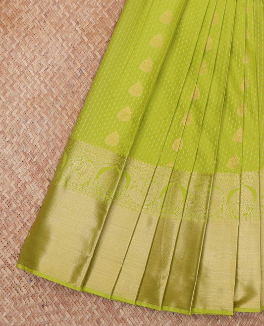 Green Budget Silk Saree, Subtly Steeped with Buttas All Over Its Body, Complemented by Contrast Grand Jaal Pallu, and Paired with a Contrast Blouse