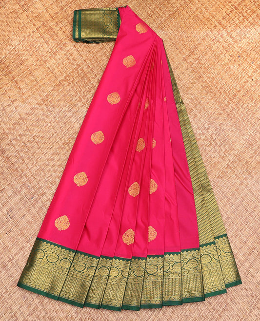 Pink Budget Silk Saree, Mesmerized with Zari Buttas, Contrast Traditional Zari Border, Grand Pallu, and a Contrast Blouse