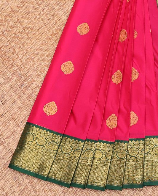 Pink Budget Silk Saree, Mesmerized with Zari Buttas, Contrast Traditional Zari Border, Grand Pallu, and a Contrast Blouse