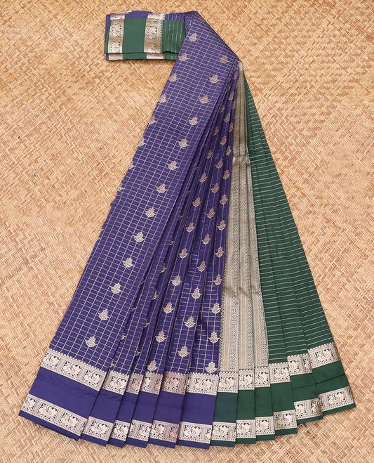 Blue Budget Silk Saree, Ornamented with Checks and Buttas, Highlighted by Traditional Rettai Pettu Zari Border, a  Contrast Grand Pallu and a Contrast Blouse
