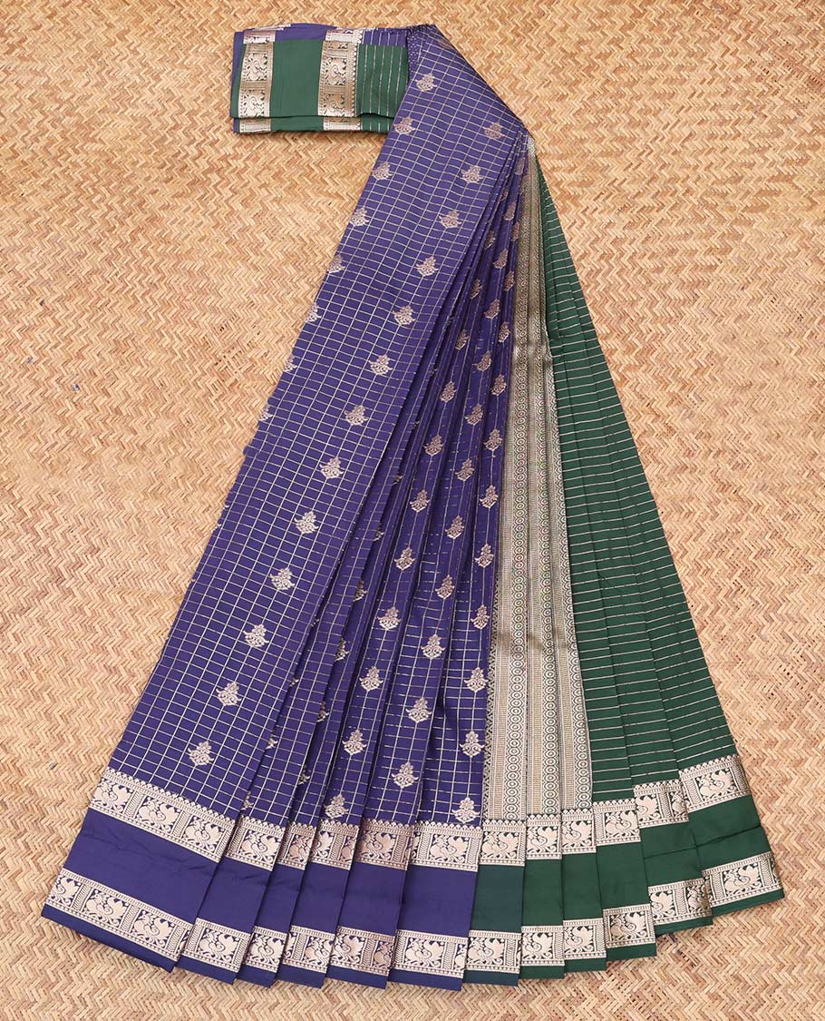Blue Budget Silk Saree, Ornamented with Checks and Buttas, Highlighted by Traditional Rettai Pettu Zari Border, a  Contrast Grand Pallu and a Contrast Blouse