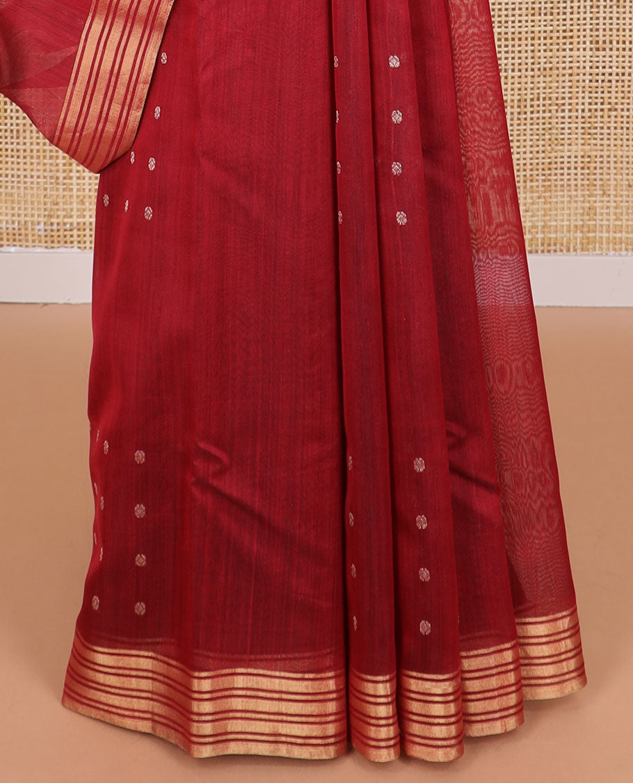 Maroon floral design chanderi cotton saree with self zari border & striped, floral design pallu
