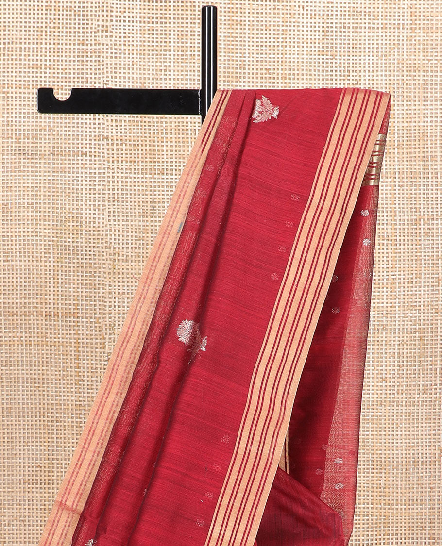 Maroon floral design chanderi cotton saree with self zari border & striped, floral design pallu