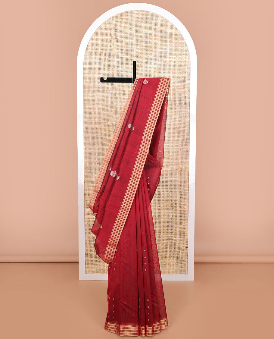 Maroon floral design chanderi cotton saree with self zari border & striped, floral design pallu