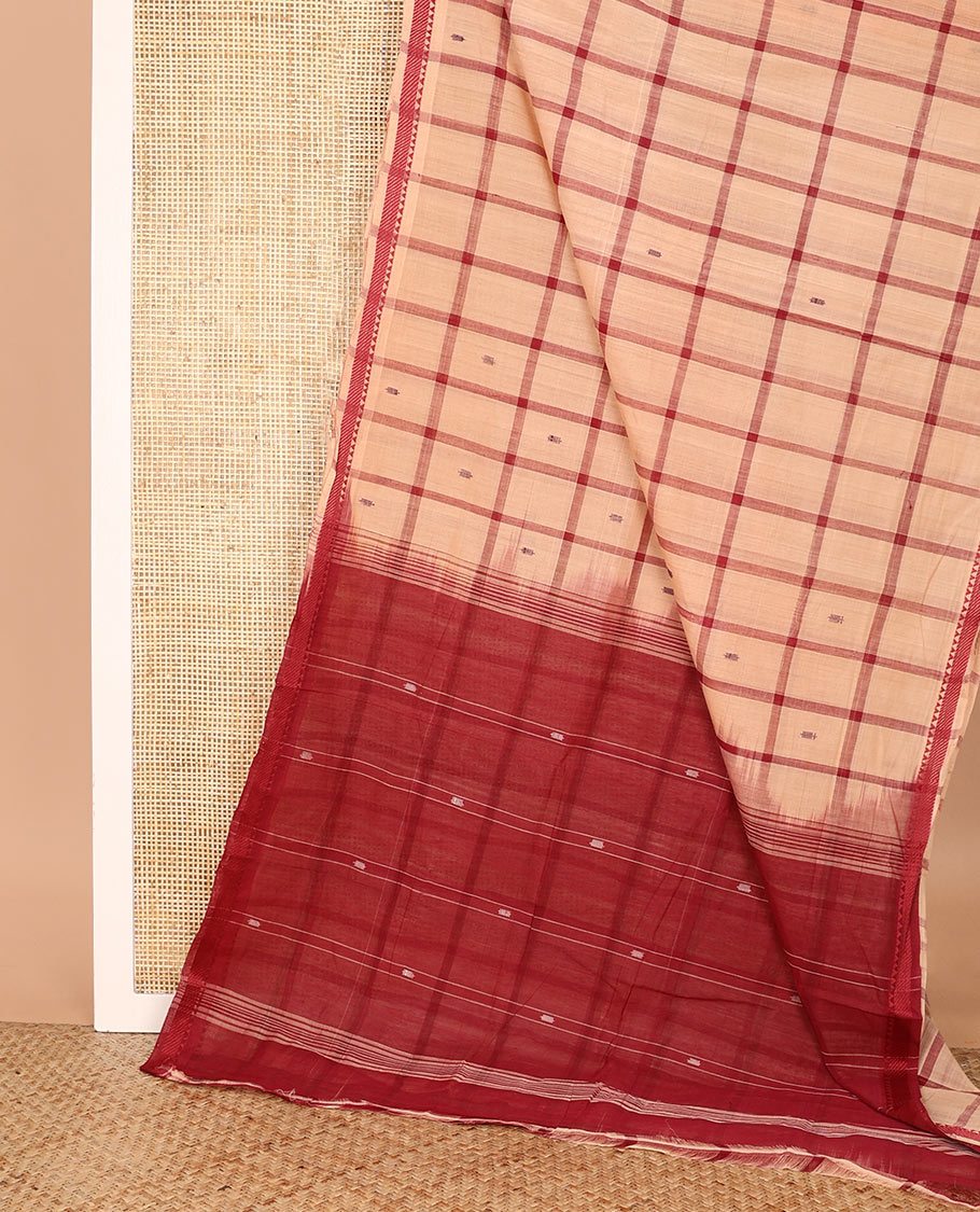 Sandal buttas enclosed checked Andhra cotton saree, traditional motifs thread border, and contrast pallu of stripes and buttas