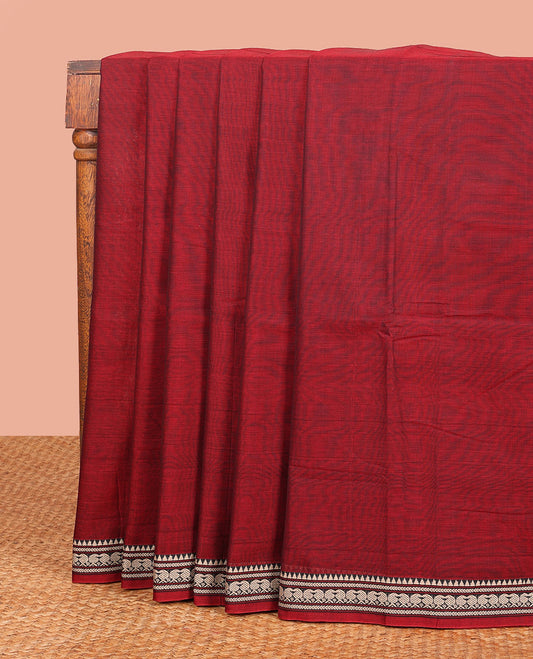 Maroon Plain Narayanpet Cotton Saree, Complemented by a Traditional Thread Border of Paisley Designs, Vibrantly Striped Pallu, and Paired with a Matching Blouse