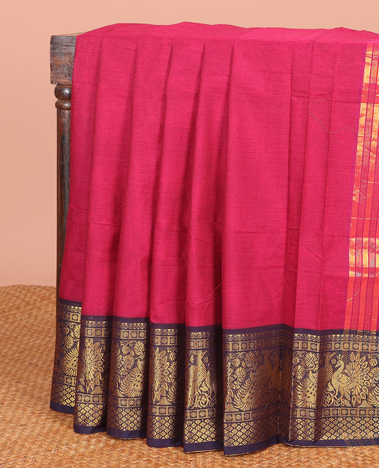 Red Plain Chettinad Cotton Saree, Highlighted  by a Contrast Traditional Zari Border of Peacock Designs, and a Pallu of Zari Stripes