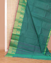Green plain Chettinad cotton saree, contrast traditional zari border, and pallu of stripes
