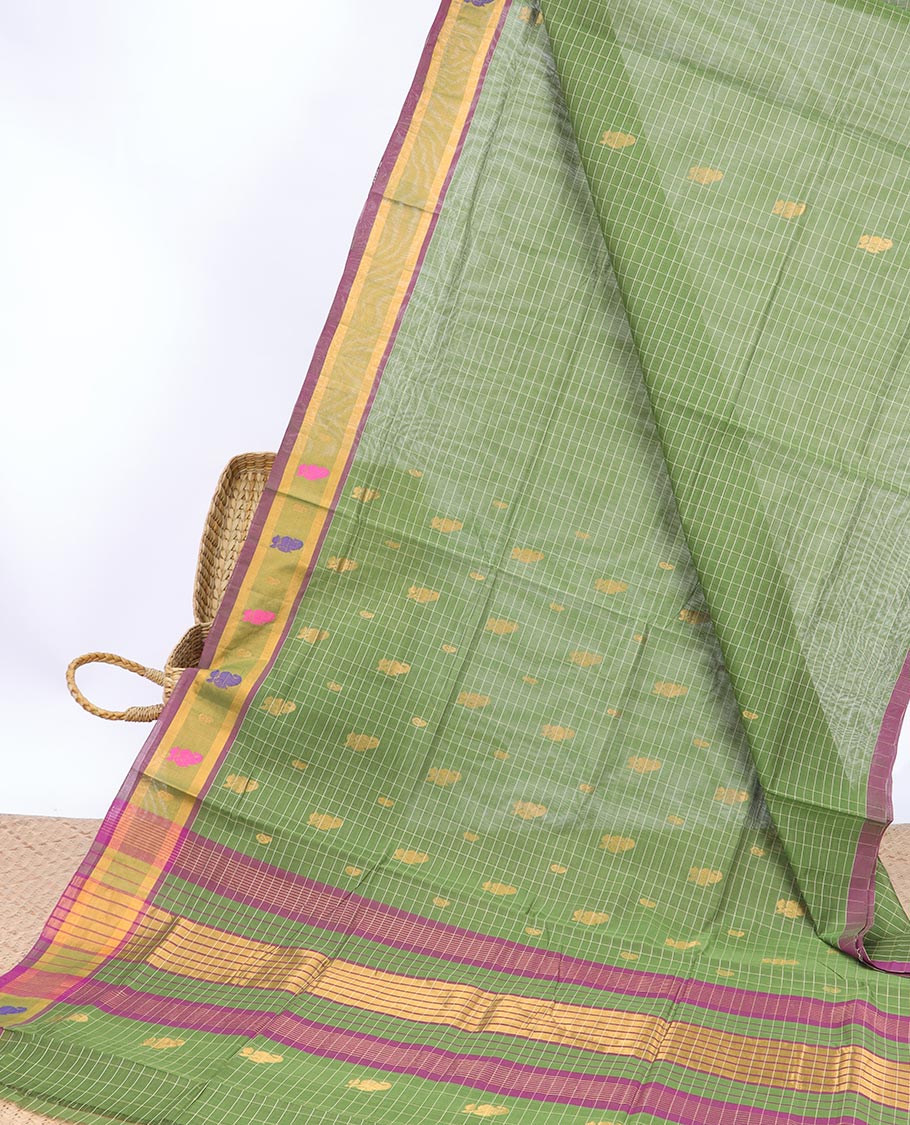 Green checked Vengatagiri cotton saree with buttas, contrast unique design border & striped pallu