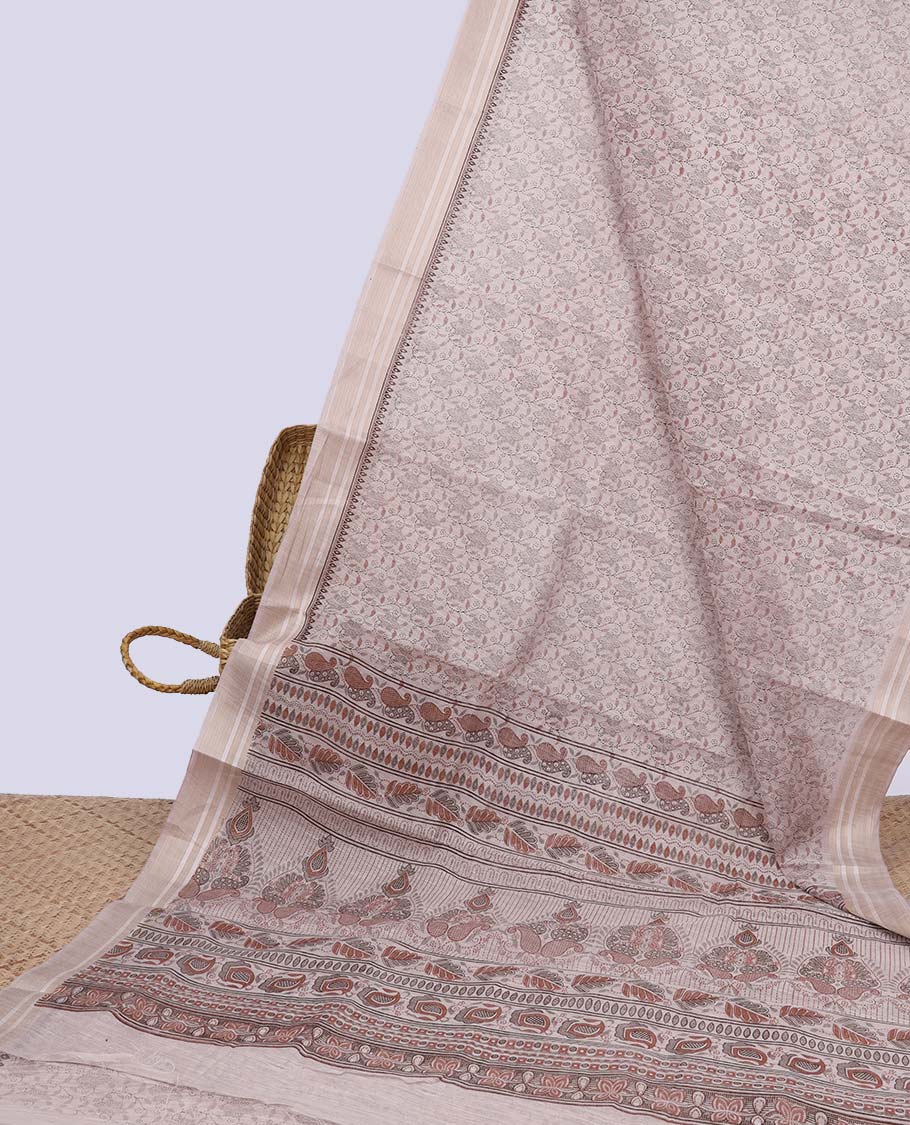 Pale brown intricately printed budget cotton saree, plain border & intricately printed pallu