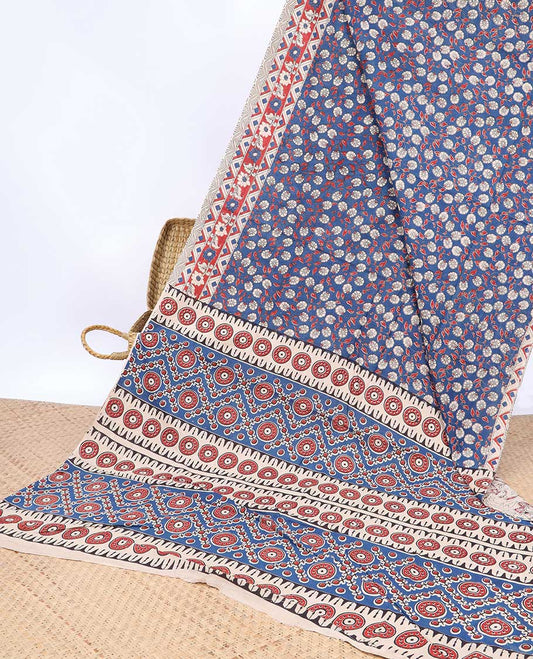Blue floral machine-printed kalamkari cotton saree, contrast temple & chevron border & intricate pallu