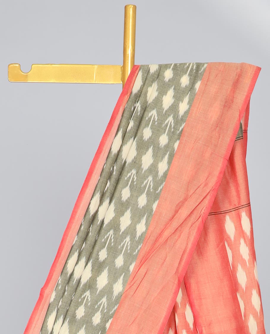 Grey floral design ikkat cotton saree with contrast border & intricate design pallu