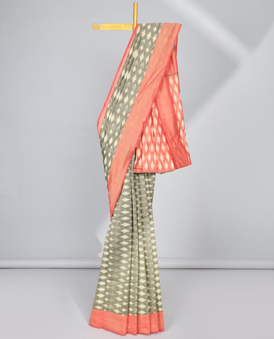 Grey floral design ikkat cotton saree with contrast border & intricate design pallu